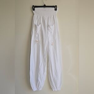 Blanco White Smocked High-Waist Linen Pants With Pockets Size S